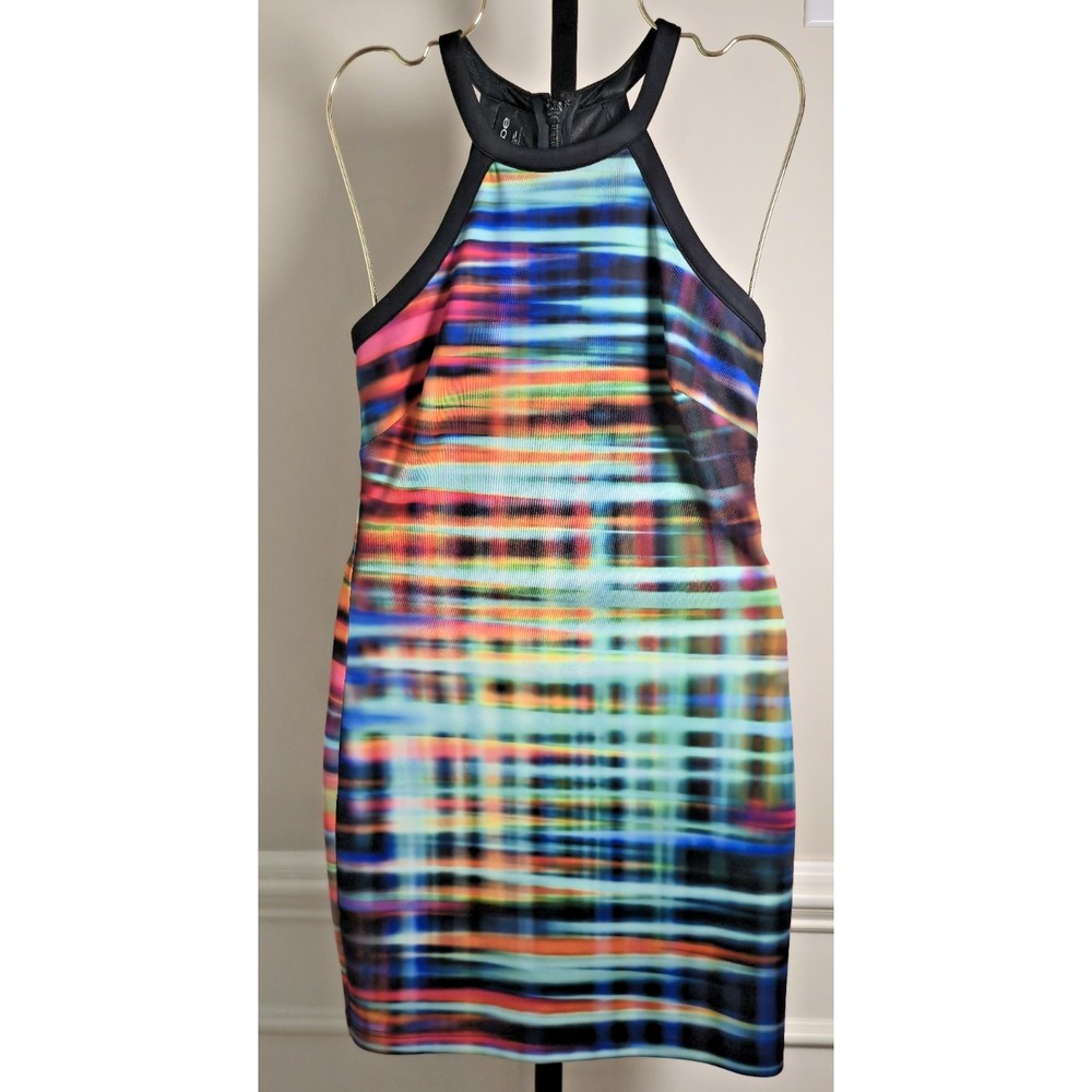 Bebe‎ Women's XS Halter Dress Bright Print Black Zipper Bodycon Colorful Sleek
